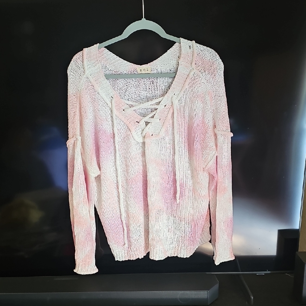 POL Pink and White Lace-Up Knit Top